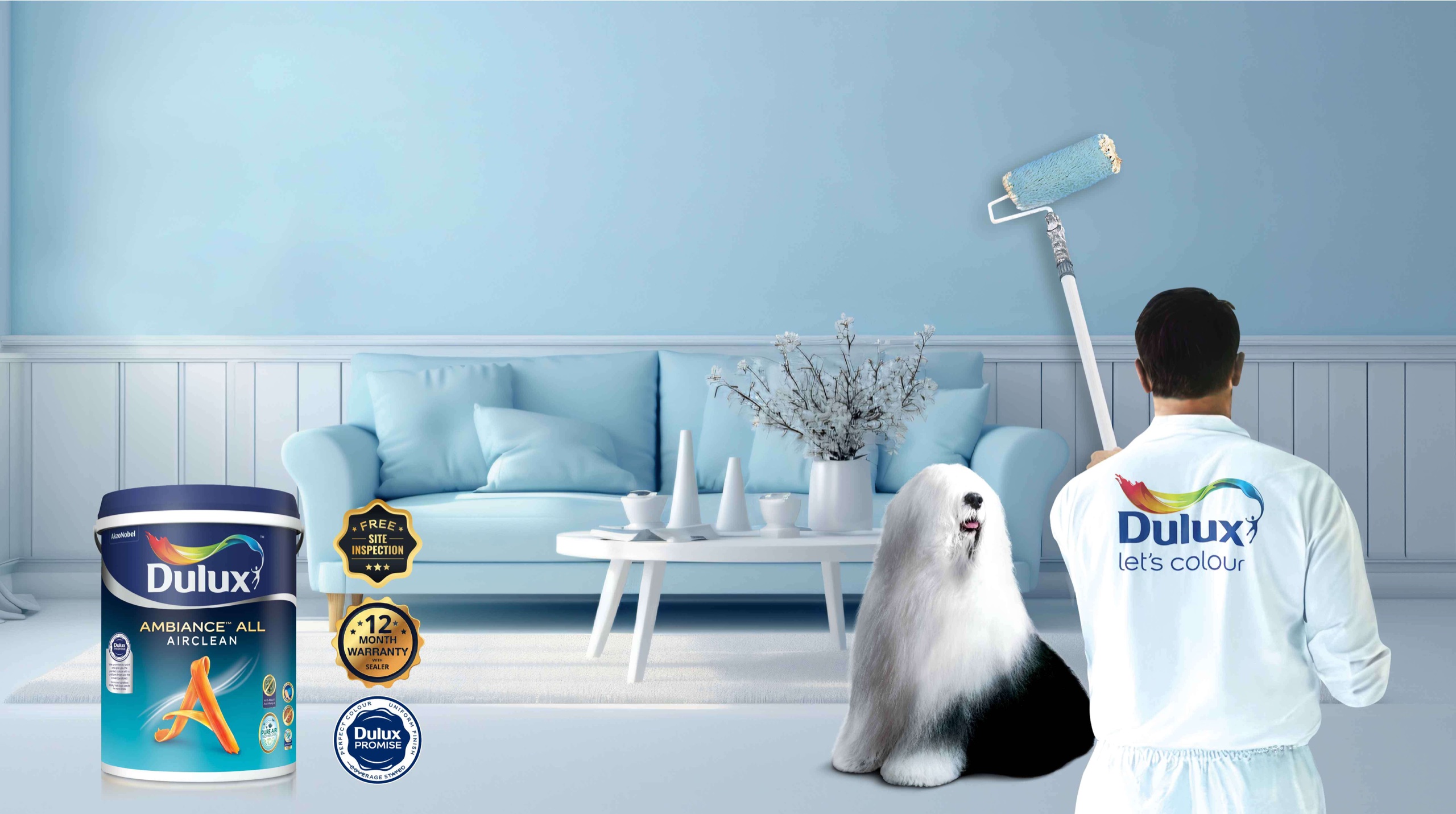 Dulux painter refreshing a blue living room, with the Dulux sheepdog and premium paint